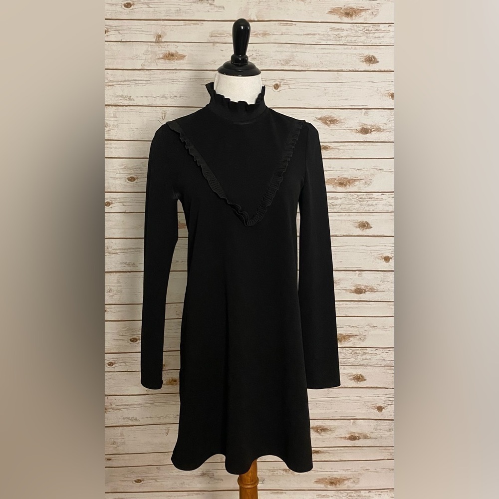 Zara Collection black ruffle mock neck shift dress Size Medium